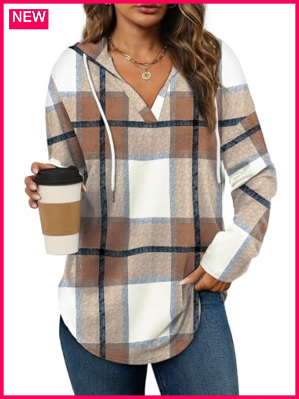 Women's Oversized Plaid Hoodie V-Neck Loose Fit Long Sleeve Pullover Sweatshirt